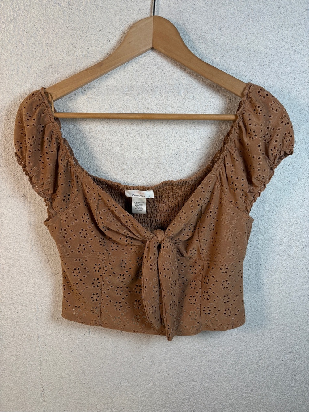 Urban Romantic Eyelet Crop Top Smocking Brown L Boho Coquette Cottage Festival